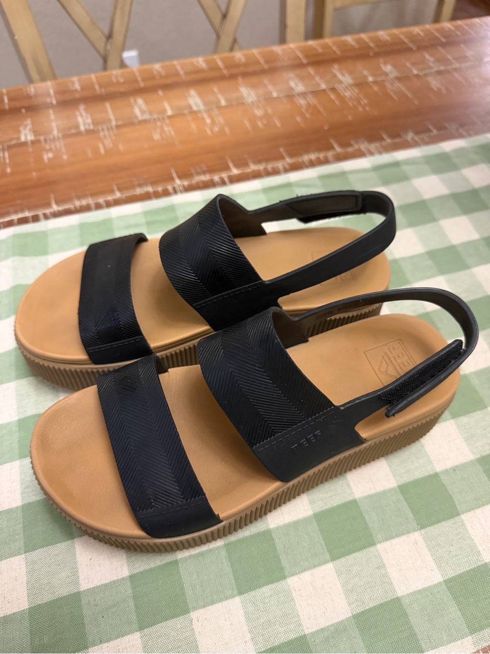 Reef Black Strap Sandals with Tan Footbed